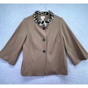 Chicos Jacket Womens Small Tan Brown Faux‎ Fur Collar Large Buttons 3/4 Sleeves